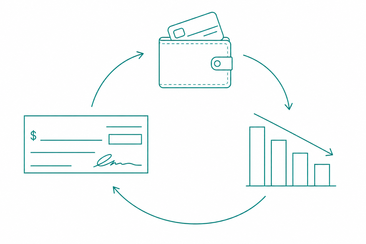 Paycheck Cycle framework showing how paycheck timing, credit lines, and debt payments work together